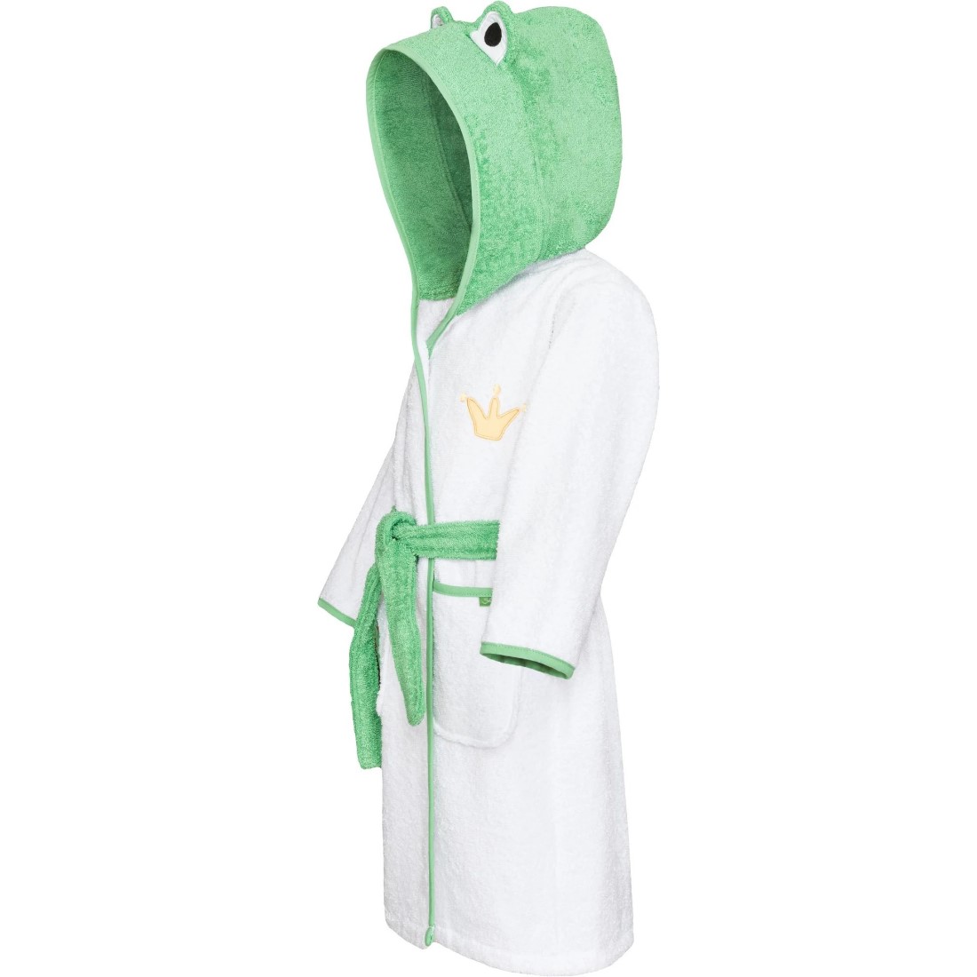 Bademantel Froschkönig von Smithy – Seitenansicht mit Kapuze & Froschohren