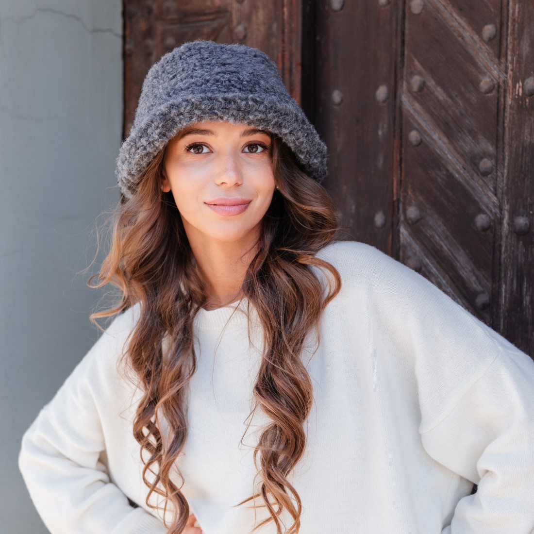 Merino Schafschurwolle Wollflor Damen Fischerhut in modischem graphit