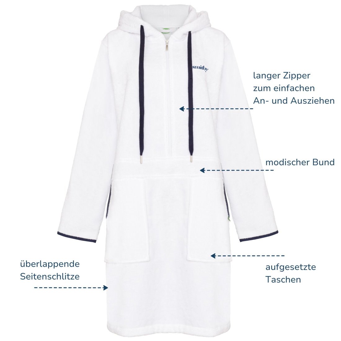 Zipper & Tasche im Detail – Smithy Damen Bademantel ohne Gürtel, mit durchdachtem Schnitt