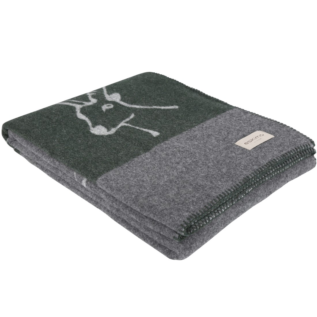 GIAN Wolldecke von Eskimo mit Steinbock-Motiv und Zierstich in Farbe anthrazit-grün