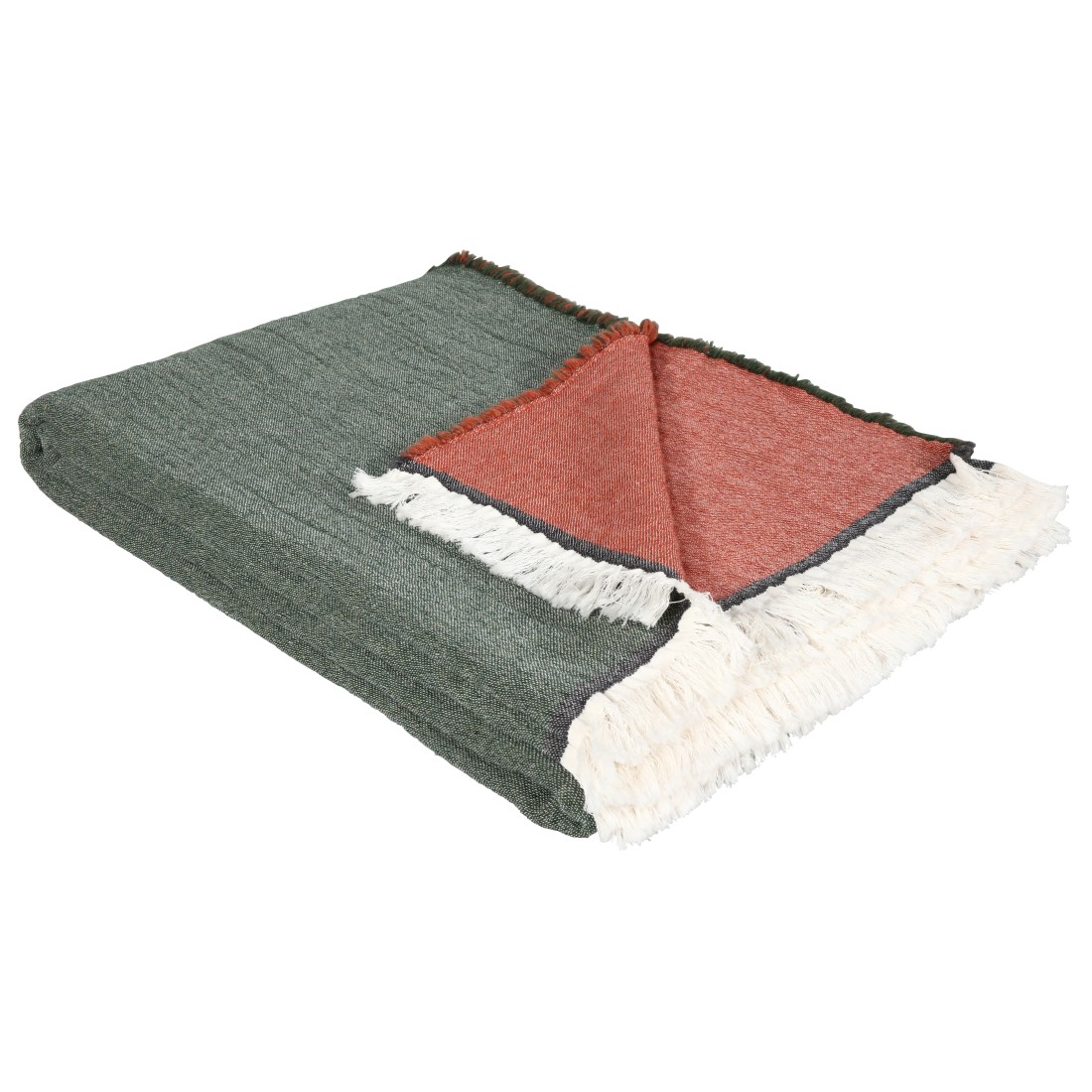 Lily Wohndecke aus Wolle und Baumwolle in Farbkombination grün-terracotta mit Fransen von Eskimo