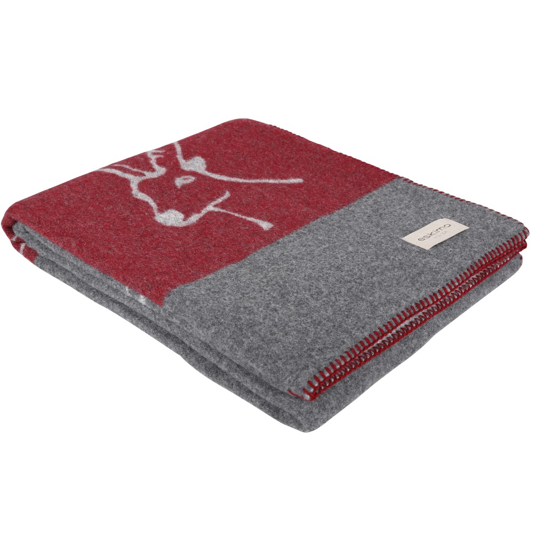 GIAN Wolldecke von Eskimo mit Steinbock-Motiv und Zierstich in Farbe anthrazit-rot