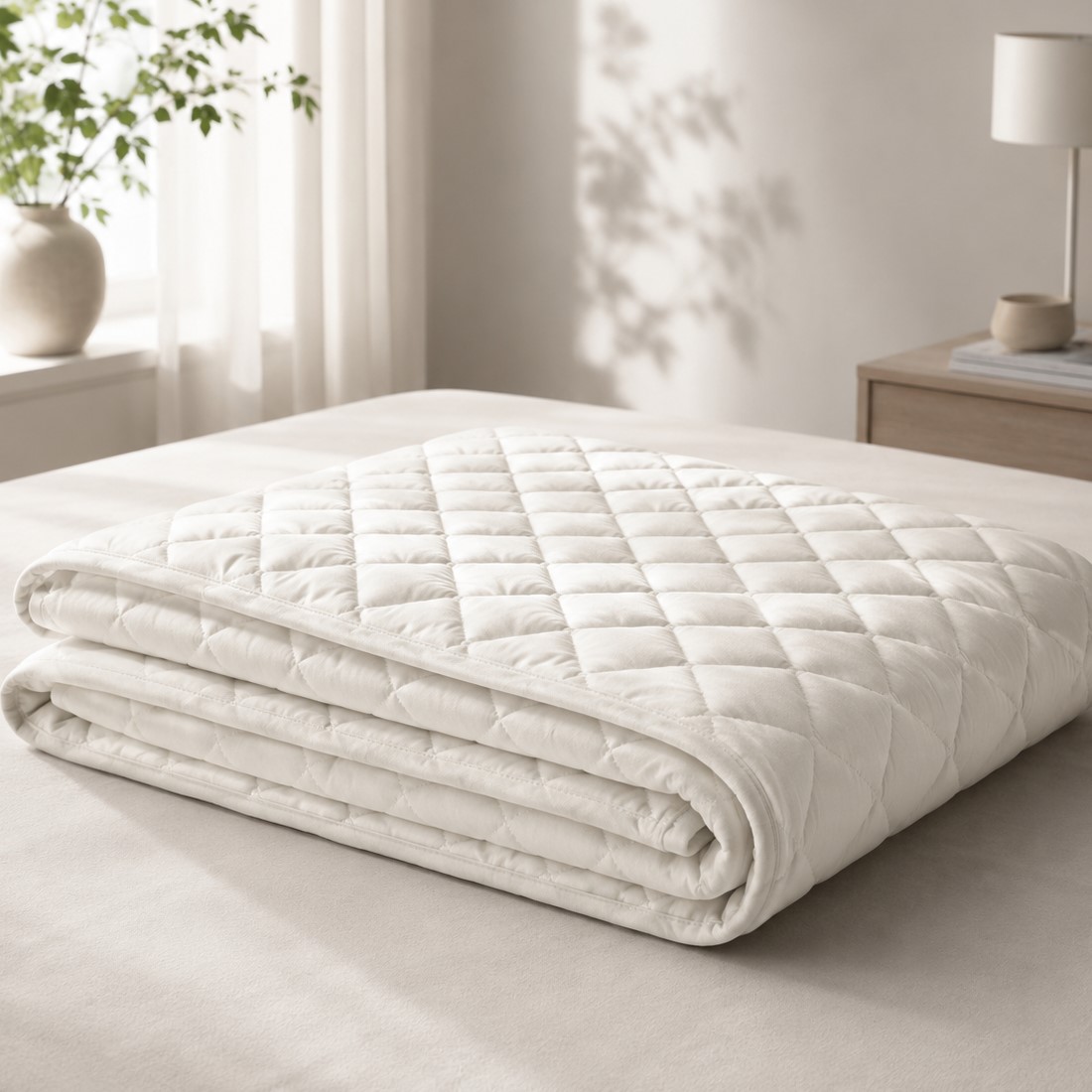 Extra leichte Sommerbettdecke aus Baumwolle dekorativ auf einem Bett arrangiert