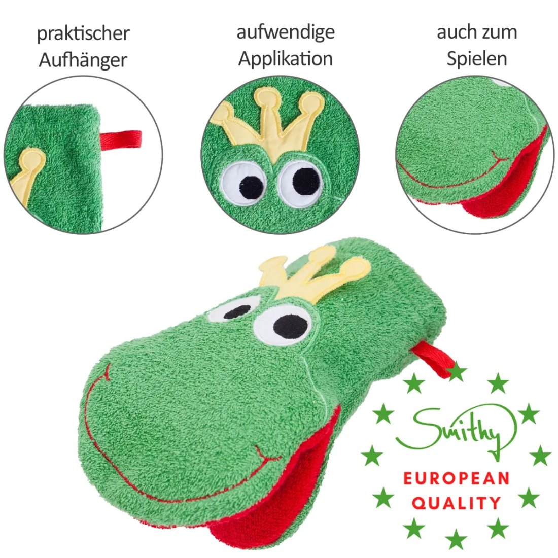 Detailansicht Froschgesicht – Smithy Waschhandschuh mit Augenapplikation und Krone, OEKO-TEX® zertifiziert