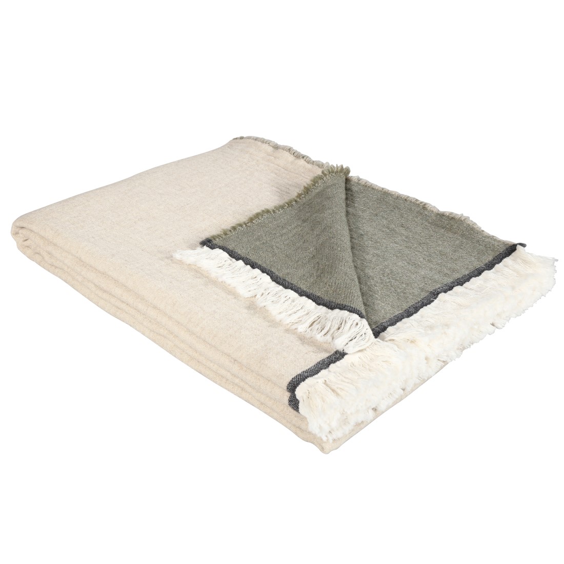 Lily Wohndecke aus Wolle und Baumwolle in Farbkombination beige-salbei mit Fransen