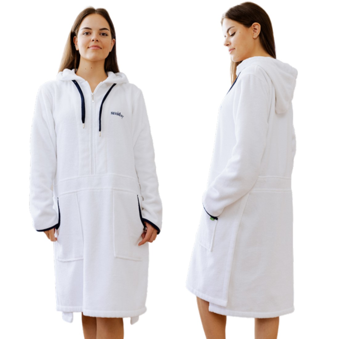 Damen Bademantel Kuschel Hoodie von Smithy – komplettansicht mit Kapuze, Zipper & schlichter Eleganz